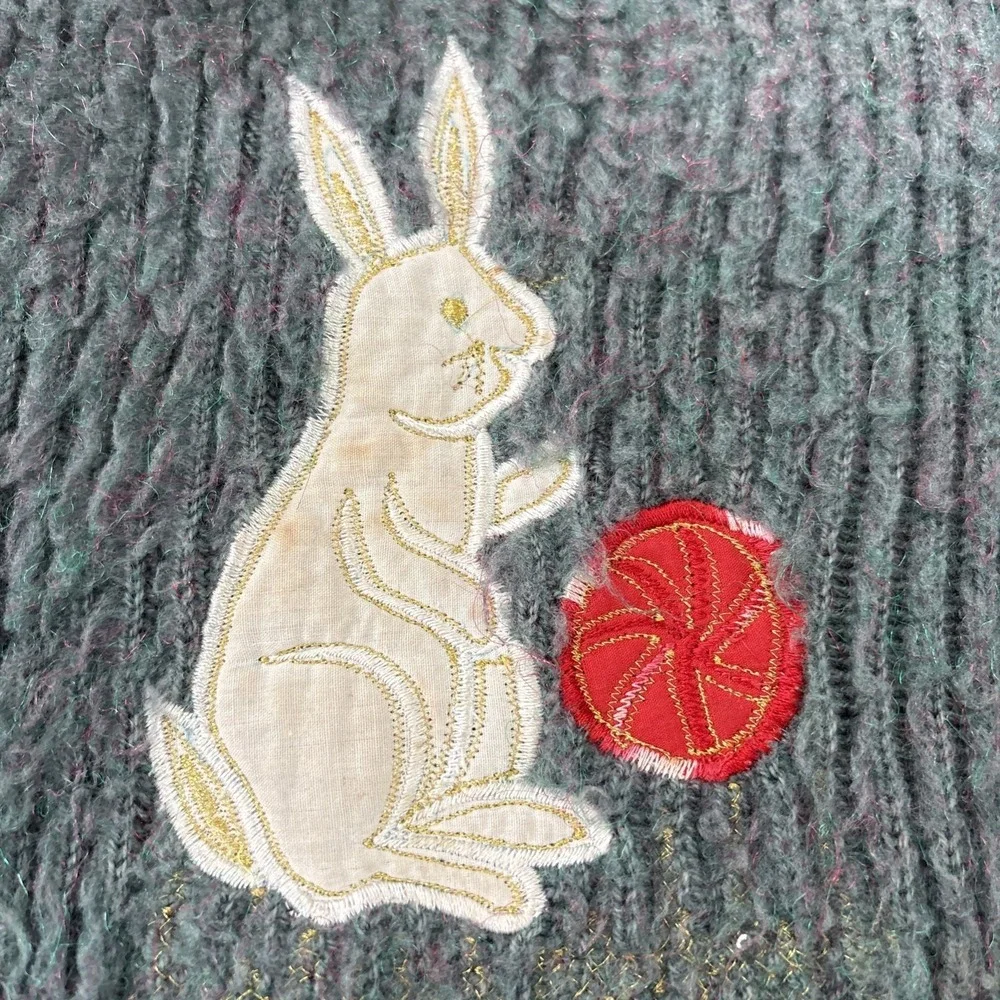 Vtg‎ Handknitted Kids Green Speckled Pink Embroidered white Bunny Sweater Easter